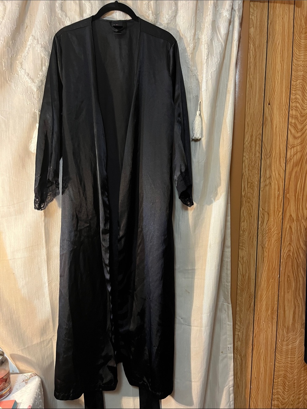 Secret Treasures Black Satin Long Robe with Lace Trim